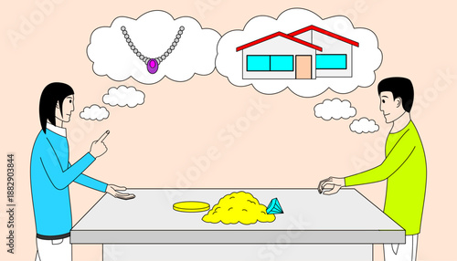 Two people are sitting at a table, one of them is trying to take a gold