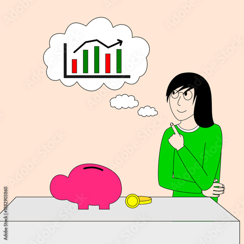 A girl is looking at a pink piggy bank and thinking about her finances