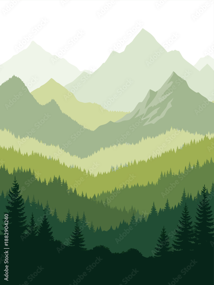 Fototapeta premium Vibrant green mountain layers vector illustration with pine trees in the foreground, a beautiful natural landscape scene