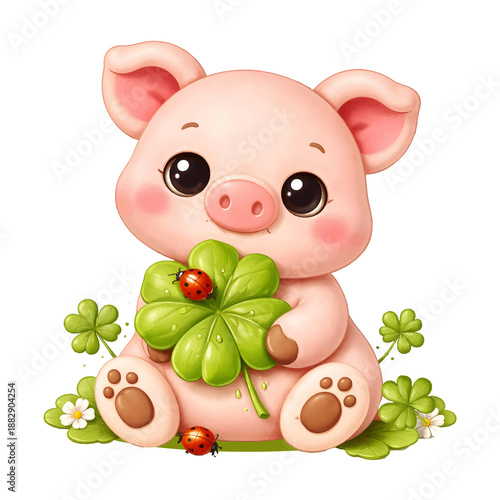 Niedliche Illustration eines rosafarbenen Schweinchens im Marzipan-Stil, das sitzend ein grünes vierblättriges Kleeblatt hält. Das Schwein wirkt weich, rundlich und detailreich modelliert
