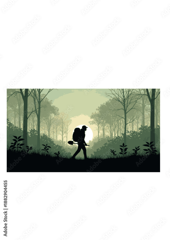 Fototapeta premium Reforestation Hiker Silhouette, Person with Seed Launcher Drone Technology, Urban Rewilding and Conservation Activism Vector Art