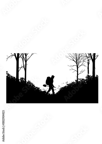 Reforestation Hiker Silhouette, Person with Seed Launcher Drone Technology, Urban Rewilding and Conservation Activism Vector Art