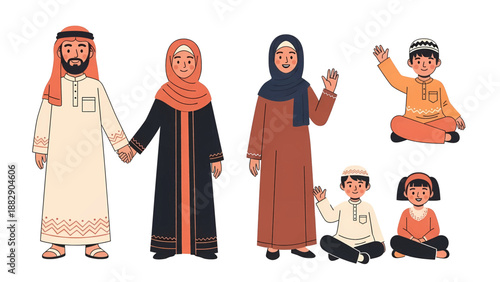 Diverse Arab Muslim family illustration in traditional attire.