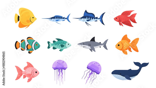 Colorful cartoon marine animals collection: tropical fish sharks jellyfish and whale illustrations.