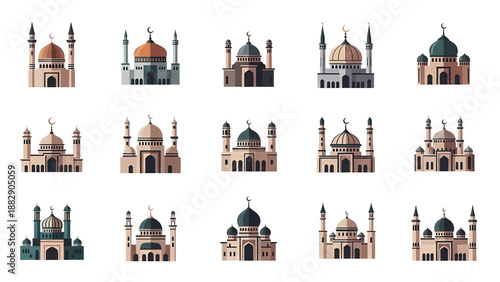 Collection of diverse mosque illustrations with domes and minarets Islamic architecture set.