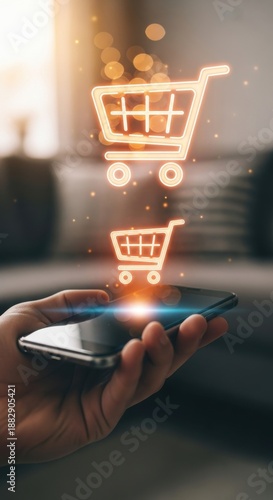Hand holding smartphone with glowing shopping carts symbolizing online purchases.