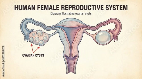 Medical Illustration Of Human Female Reproductive System Showing Ovarian Cysts