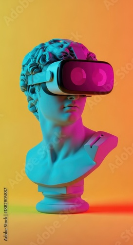 Ancient statue bust wears modern virtual reality headset against colorful background.