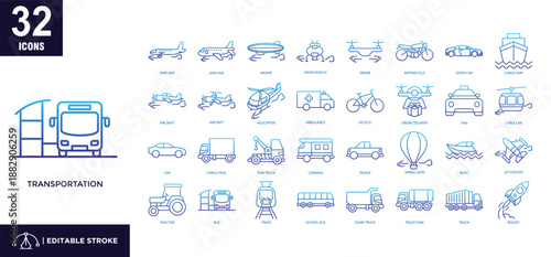 Transportation line gradient icon set