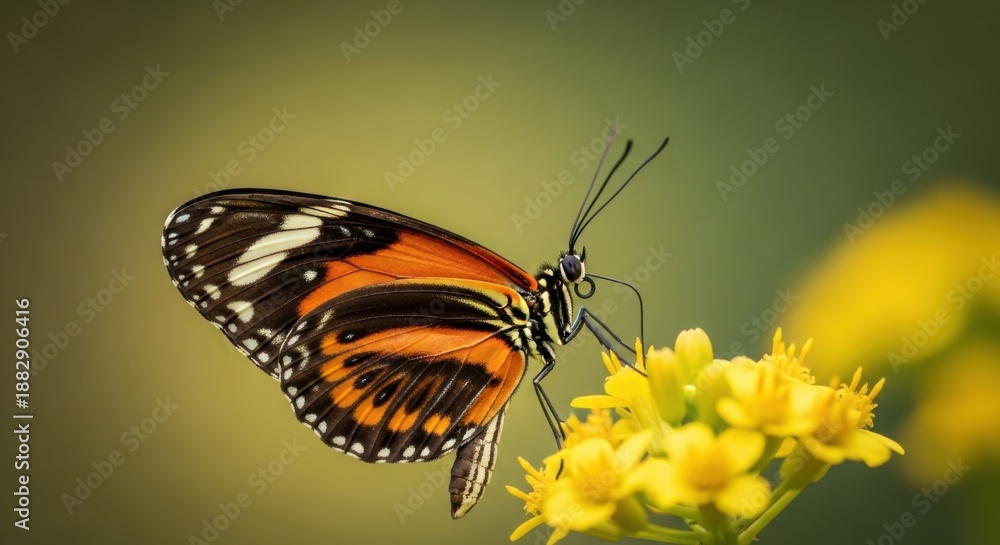 Naklejka premium Orange butterfly with black and white markings rests on a bright yellow flower.