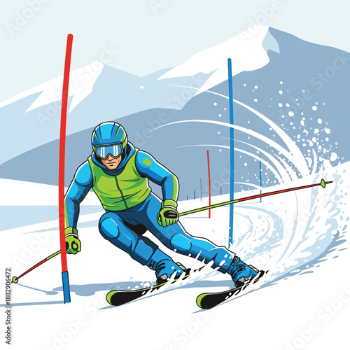 Illustration of a skier slaloming down the slope and passing through pairs of poles