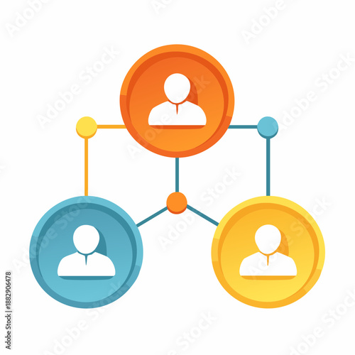 Vector illustration of connected people icons. Set of three human profile symbols linked by lines. Colorful network connection diagram. Simple people icons on white background. Flat style.