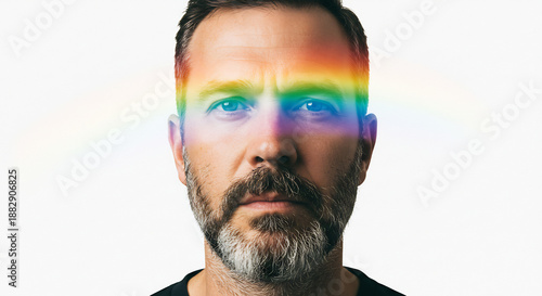 Intense gaze of a bearded man vivid rainbow light stripe illuminating his brow creating powerful symbolic image. AI Generated
