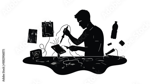 Focused person meticulously soldering electronic components with a soldering iron, surrounded by circuit boards and tools.