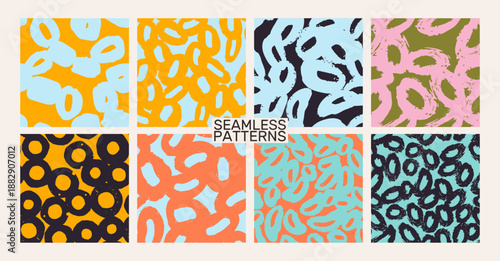 Seamless abstract pattern set with expressive organic shapes. Modern hand-drawn textures with bold graphic forms. Minimal vector backgrounds for fashion, textiles and surface design