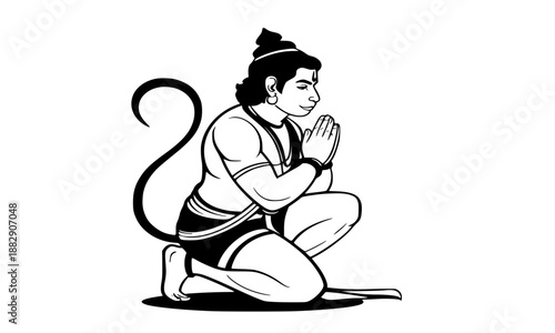 Lord Hanuman Sitting in Pranam Mudra Vector Illustration, Hindu Monkey God Bajrangbali in Praying Pose Line Art, Spiritual Devotional Indian Culture Graphic Element on White Background