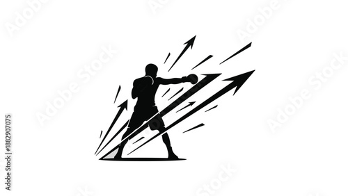 Dynamic boxer silhouette delivering a powerful punch with upward arrows symbolizing progress and achievement.