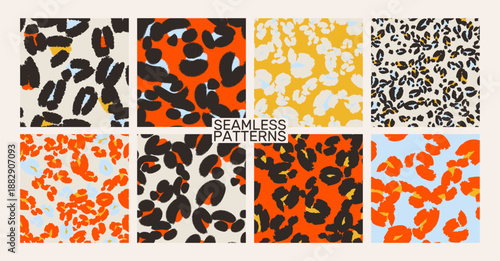 Seamless leopard print pattern set in modern color palette. Abstract animal skin textures with bold spots in red, black and blue tones. Minimal vector backgrounds for fashion, textiles 