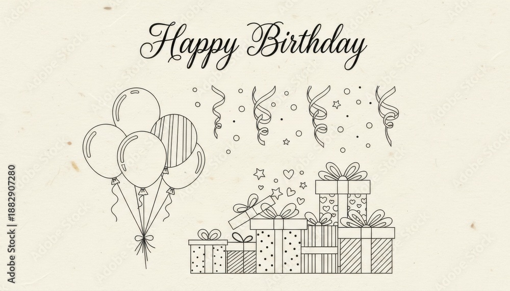 Obraz premium happy birthday line art clipart collection template illustration template featuring balloons streamers and wrapped presents on textured background that looks like fine paper