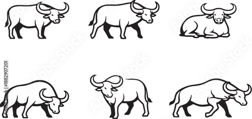 Water buffalo power poses black and white line art icon set