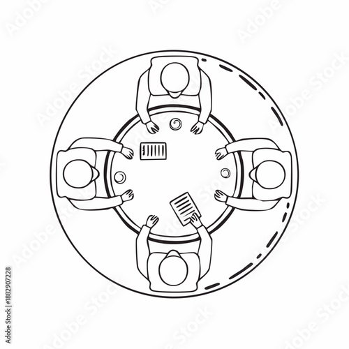 Meeting room table with people. Business team discussion. Round table with chairs. Top view illustration. Office meeting. Teamwork concept. Vector drawing. Black and white. Simple style.