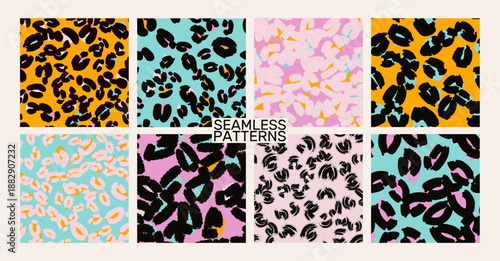 Seamless leopard print pattern set in modern color palette. Abstract animal skin textures with bold spots in pink, yellow, black and blue tones. Minimal vector backgrounds for fashion, textiles 