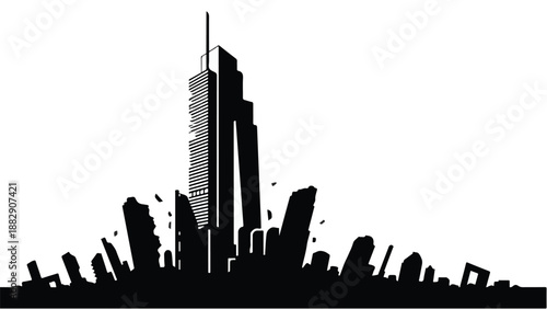 Dramatic silhouette of a modern city skyline under a bright sky