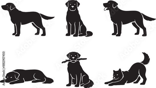Labrador retriever dog poses black and white silhouette set
