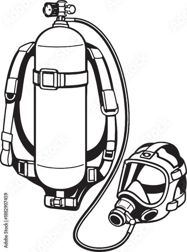 Firefighter SCBA Breathing Apparatus Technical Line Art Illustration