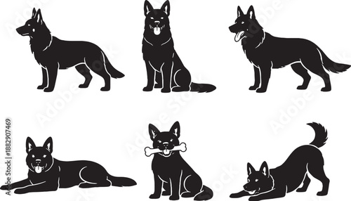 German shepherd dog poses black and white silhouette set