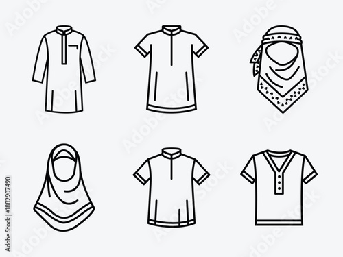 Muslim Hijab and Islamic Clothing Icon Set, Minimalist Modest Fashion Line Art Vector for Ramadan and Eid Branding