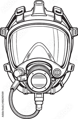Firefighter Gas Mask Technical Line Art Illustration