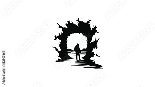 Solitary figure silhouetted against bright light at the end of a dark, abstract path.