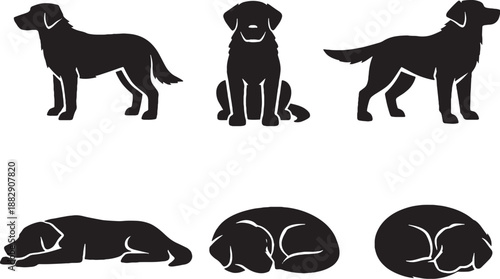 Dog basic poses black and white silhouette set