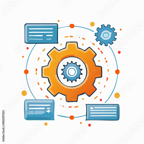 Gear and credit card vector illustration. Interconnected gear mechanism. Financial technology symbol. Orange and blue color scheme. White background. Business and finance concept. Simple