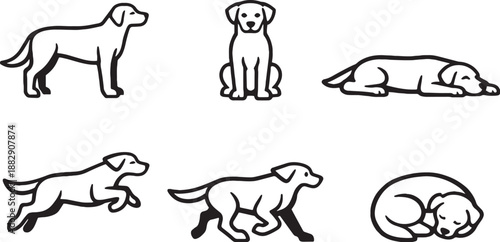 Dog pose variation black and white line art icon set