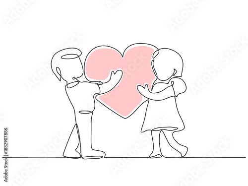Minimalist continuous one line vector illustration of a boy and girl holding a heart together, love, care, connection, and Valentine’s Day relationship concept on white background. Editable stroke