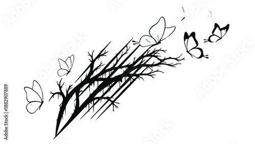 Delicate butterflies gracefully emerge from thorny branches, symbolizing transformation and freedom.