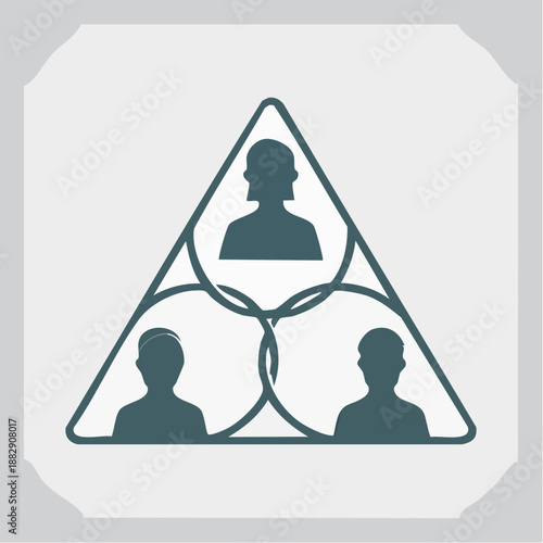 Triangle icon with three people silhouettes. Interconnected human profiles. Teamwork and partnership symbol. Vector illustration on white background. Simple line art design. Grey color