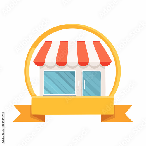 Storefront icon. Vector illustration of shop awning. Orange and white striped canopy. Blue window panes. Yellow circle and ribbon. Flat design. Business logo. White background.