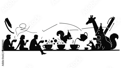 Whimsical scene of people and animals enjoying tea and coffee together with creative ideas flowing.