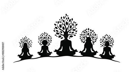 Diverse group finds inner peace meditating together, connected by nature's growth