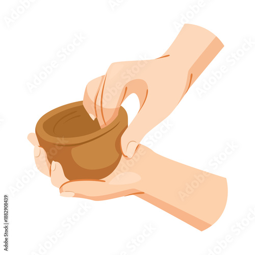 Two hands holding and shaping a clay pottery cup manually, flat art style on a clean white background. Concept of handmade ceramic crafting. Vector illustration