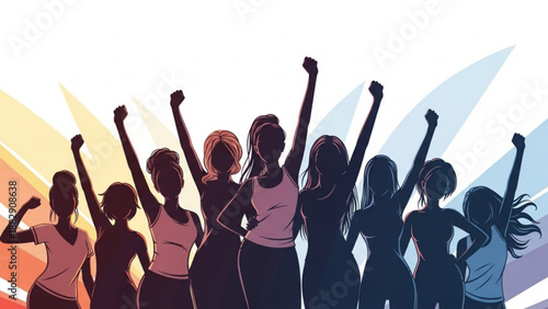 Diverse group of women with raised fists in solidarity and empowerment colorful background