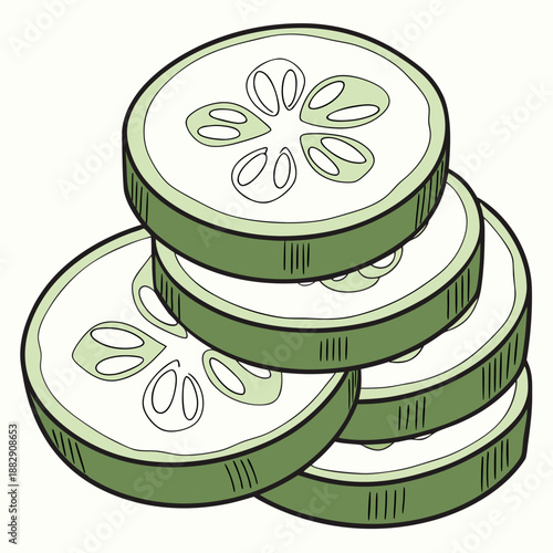 Fresh Stacked Cucumber Slices Isolated on White Background