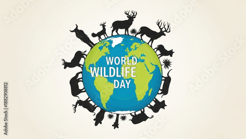 World wildlife day illustration with globe and animal silhouettes on beige background