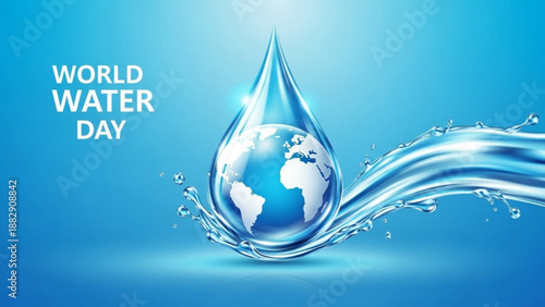 World water day earth globe in a water droplet with splash on blue background