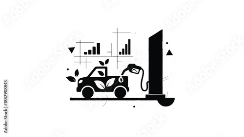 Eco-friendly electric truck charging at a modern station with growth charts in background