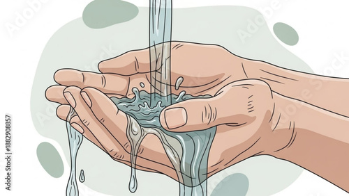 Hands cupped under running water stream washing or rinsing with clear liquid flow