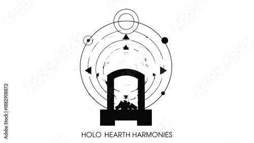 Abstract cosmic portal with geometric celestial elements and central dark silhouette